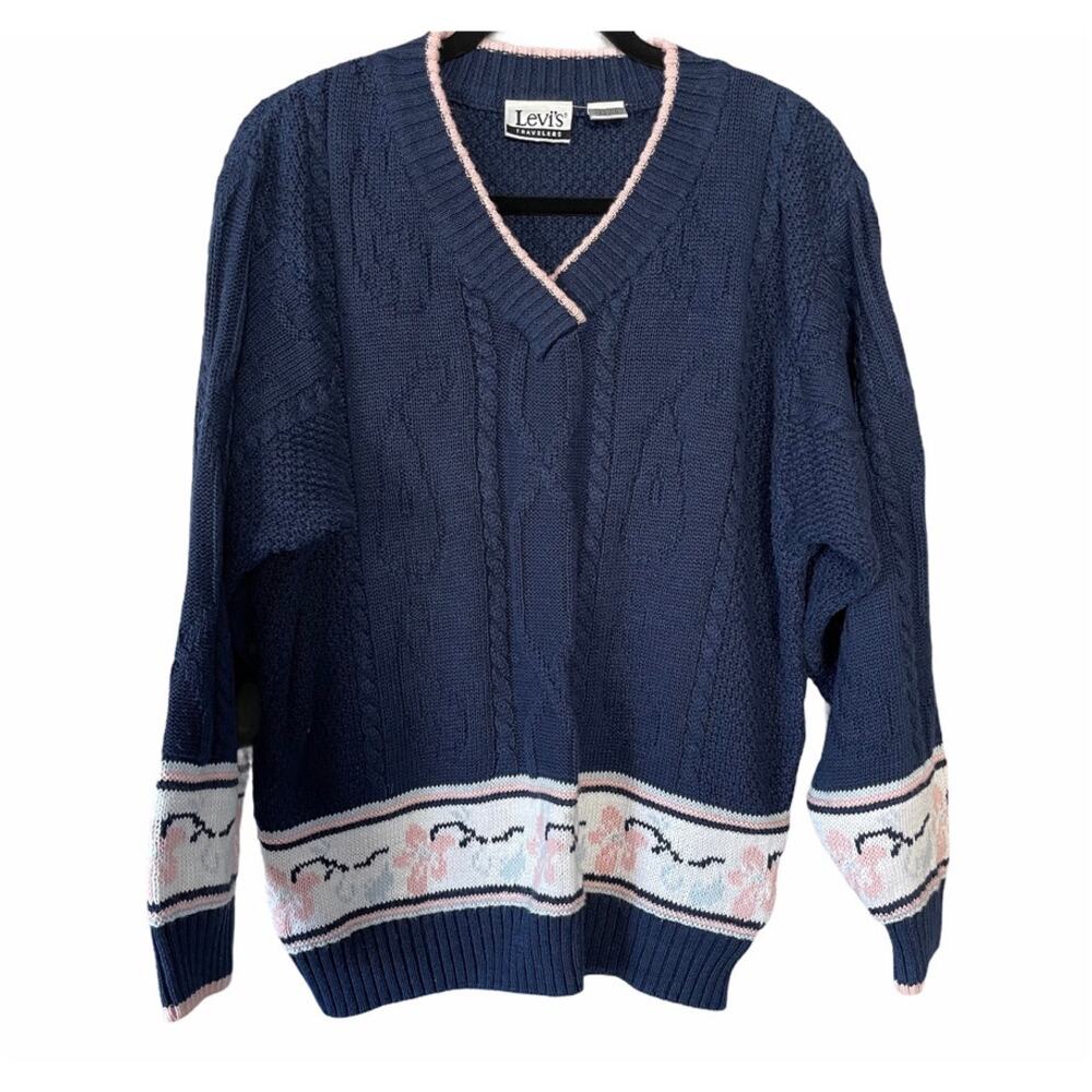 Vintage Levis Travelers Floral Cable Knit Pullover Womens Grandma Sweater Medium